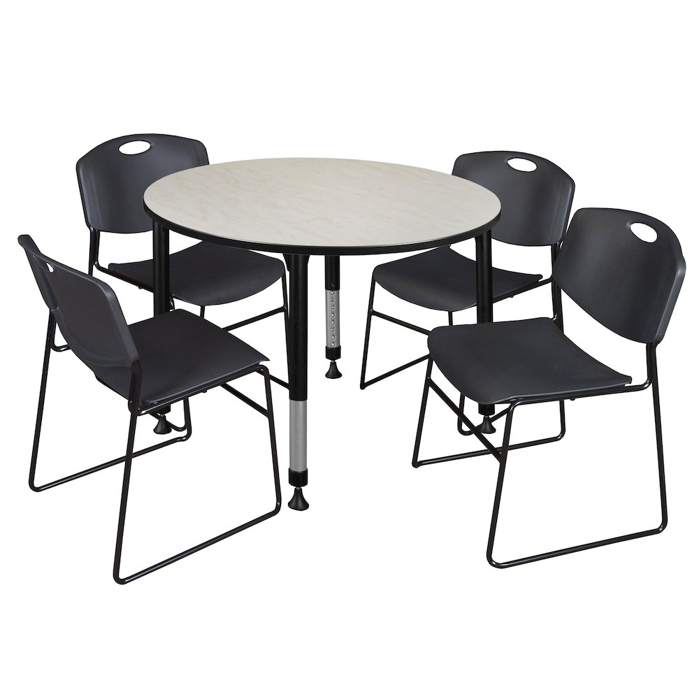 48 in. Round Adjustable Classroom Table- Maple & 4 Zeng Stack Chairs- Black. Picture 1