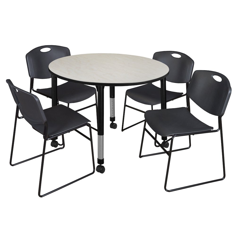 48 Round Mobile Adjustable Classroom Table- Maple & 4 Zeng Stack Chairs- Black. Picture 1