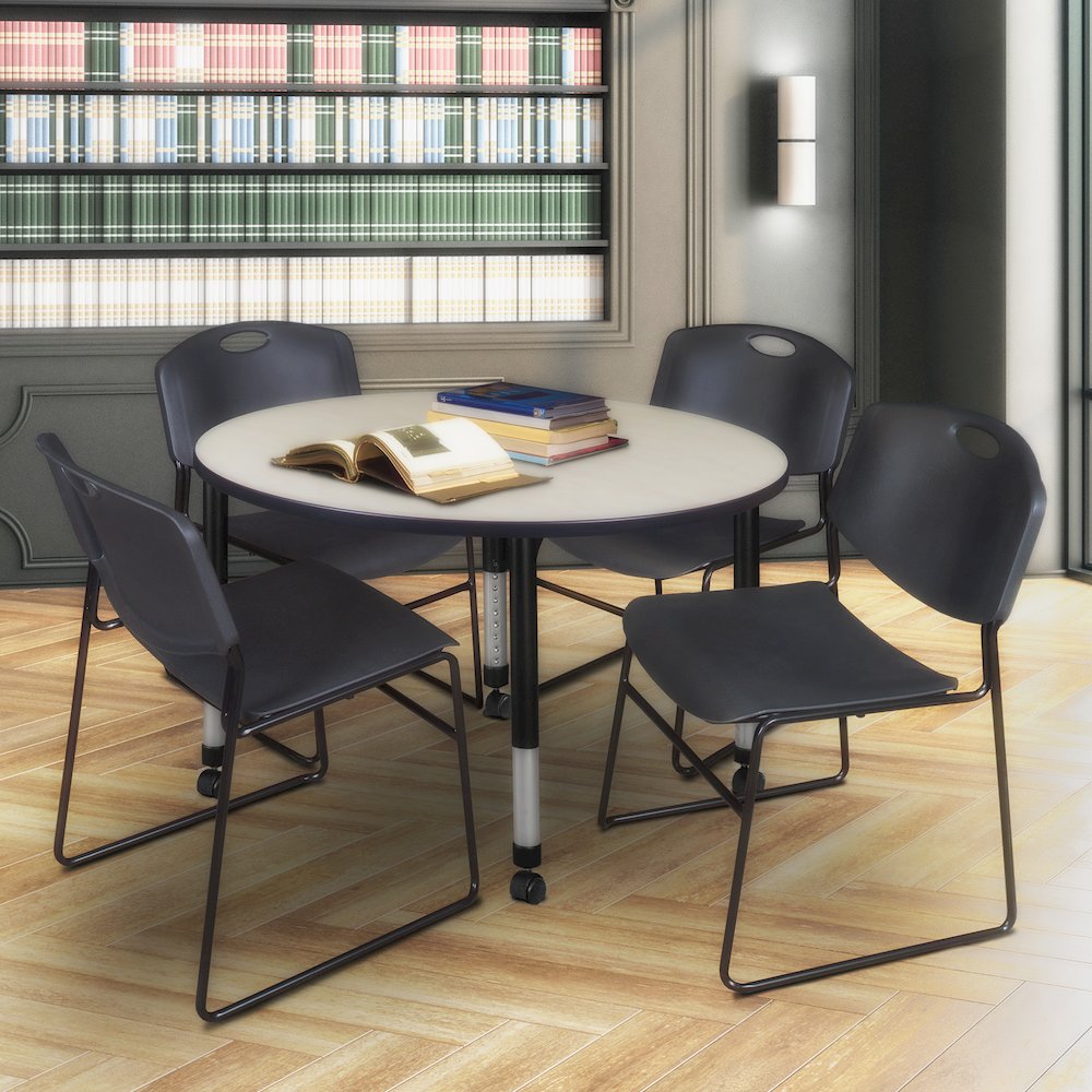 48 Round Mobile Adjustable Classroom Table- Maple & 4 Zeng Stack Chairs- Black. Picture 6