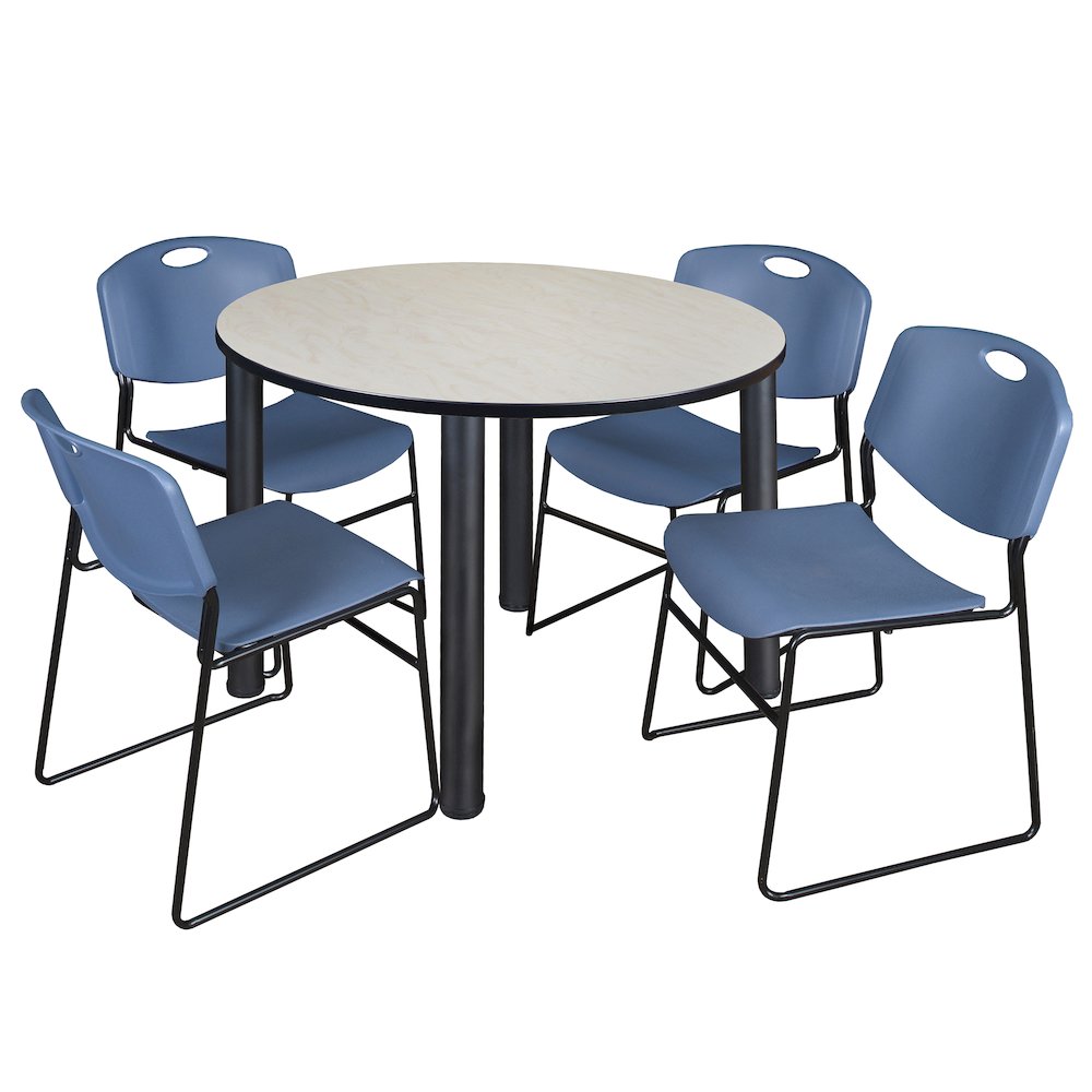 48 in Round Breakroom Table- Maple Top, Black Legs, 4 Zeng Stack Chairs- Blue. Picture 1