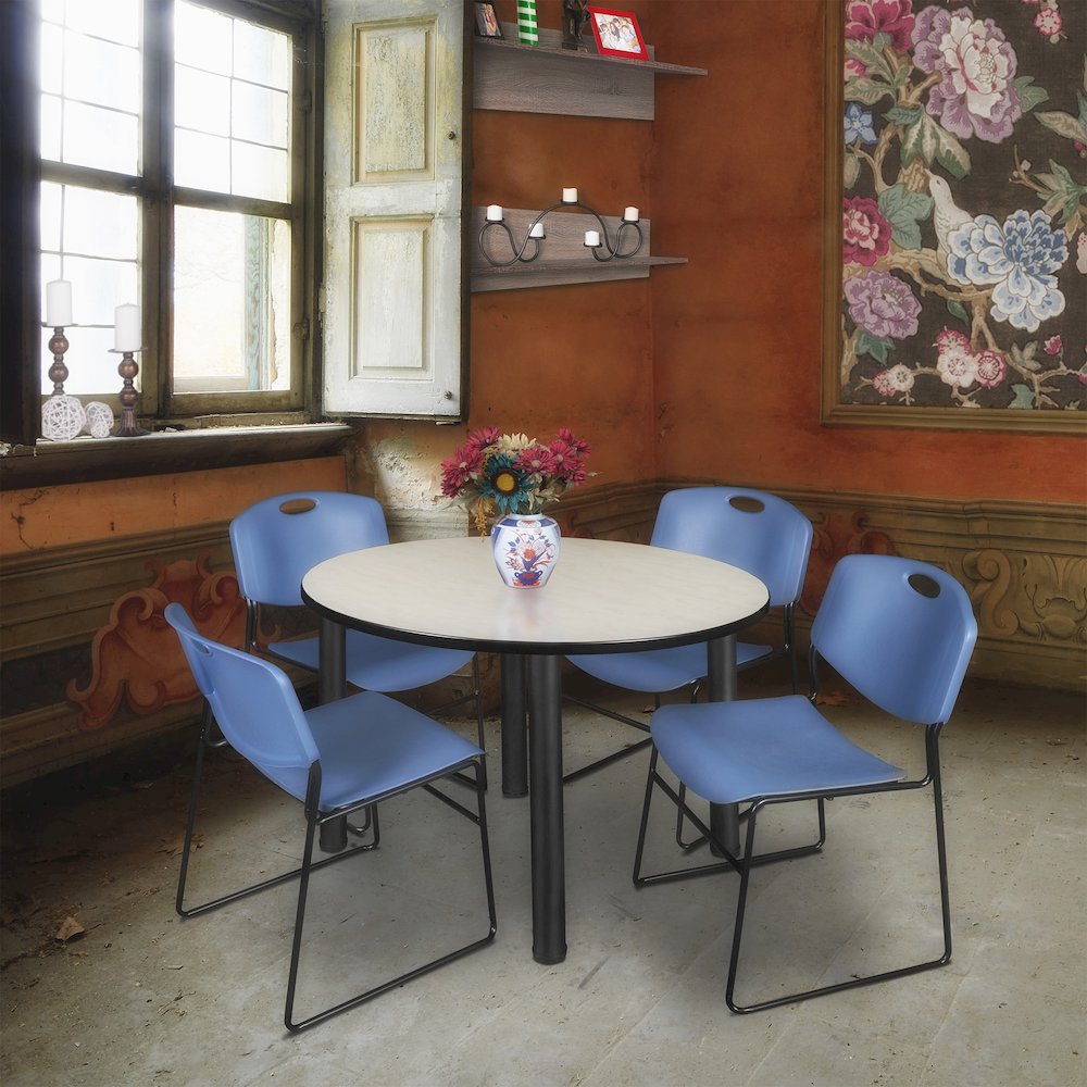 48 in Round Breakroom Table- Maple Top, Black Legs, 4 Zeng Stack Chairs- Blue. Picture 6