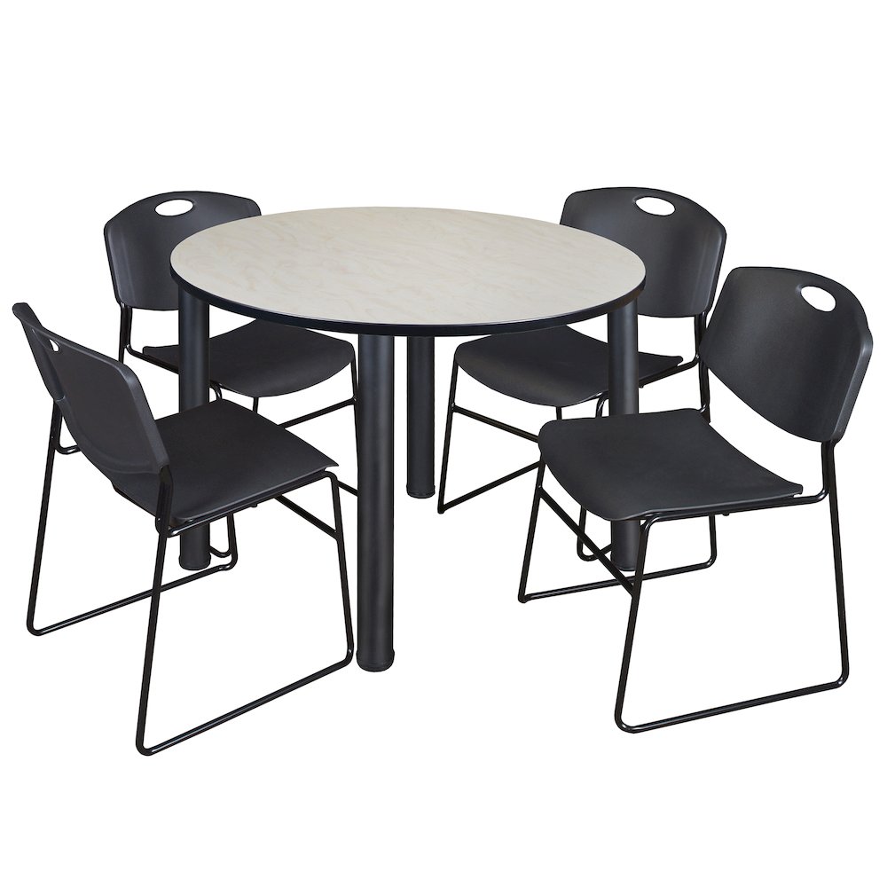 48 in Round Breakroom Table- Maple Top, Black Legs, 4 Zeng Stack Chairs- Black. Picture 1