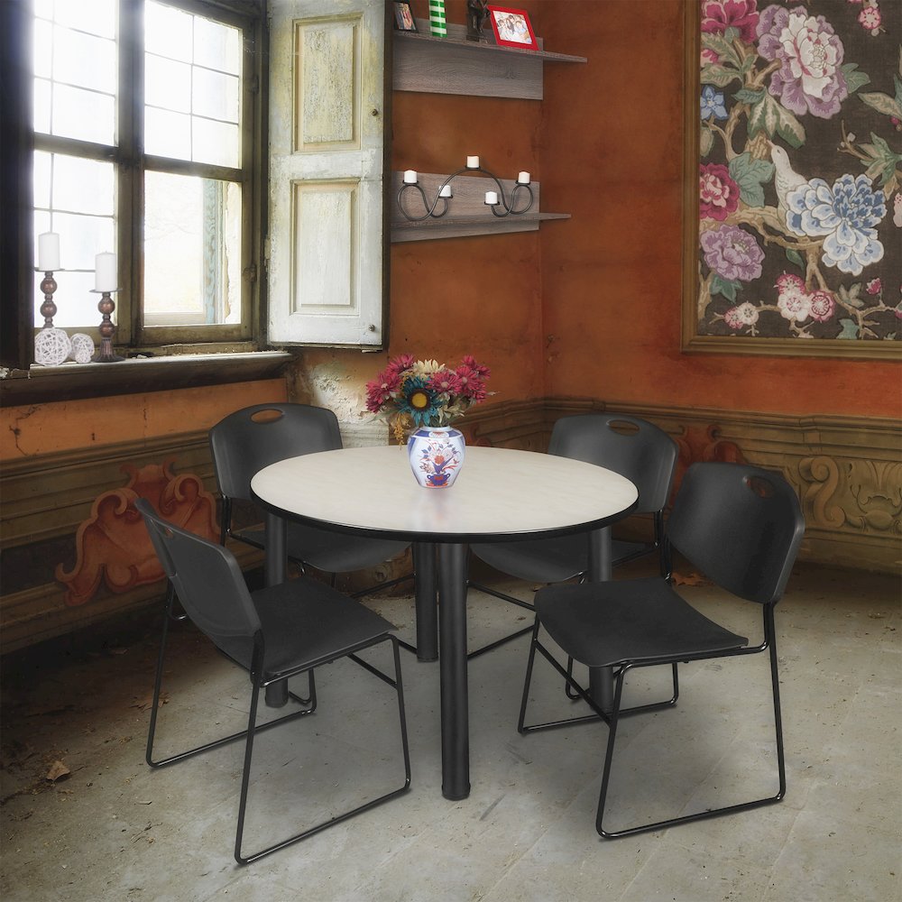 48 in Round Breakroom Table- Maple Top, Black Legs, 4 Zeng Stack Chairs- Black. Picture 6