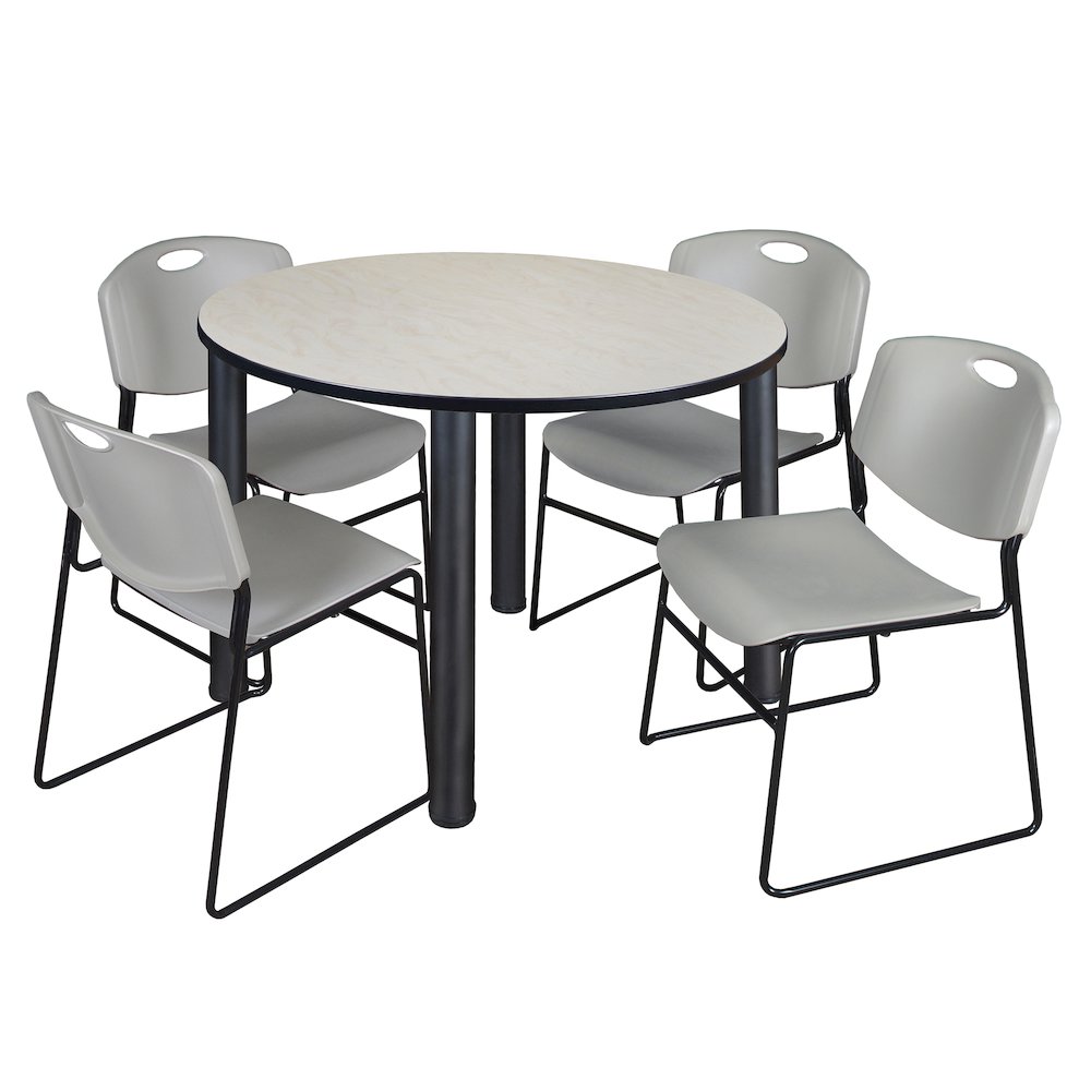 48 in Round Breakroom Table- Maple Top, Black Legs, 4 Zeng Stack Chairs- Grey. Picture 1