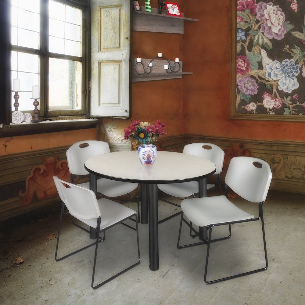 48 in Round Breakroom Table- Maple Top, Black Legs, 4 Zeng Stack Chairs- Grey. Picture 6