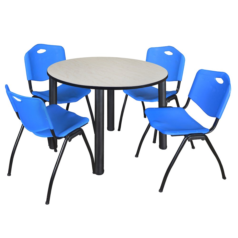 48 in Round Breakroom Table- Maple Top, Black Legs, 4 M Stack Chairs- Blue. Picture 1