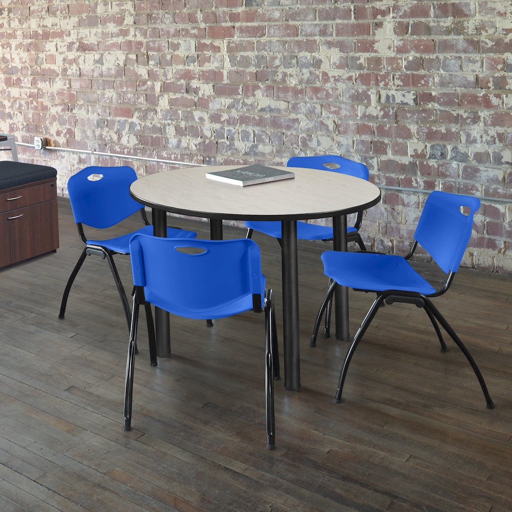 48 in Round Breakroom Table- Maple Top, Black Legs, 4 M Stack Chairs- Blue. Picture 6