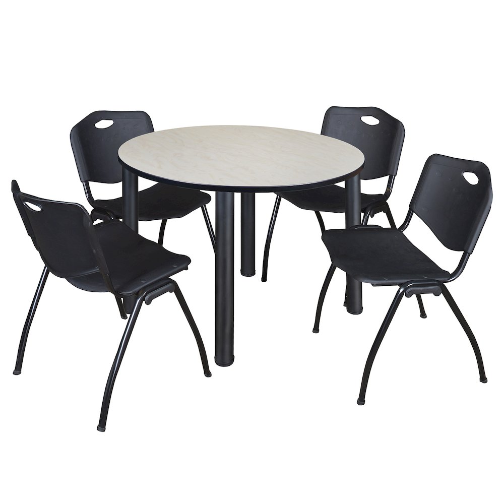 48 in Round Breakroom Table- Maple Top, Black Legs, 4 M Stack Chairs- Black. Picture 1