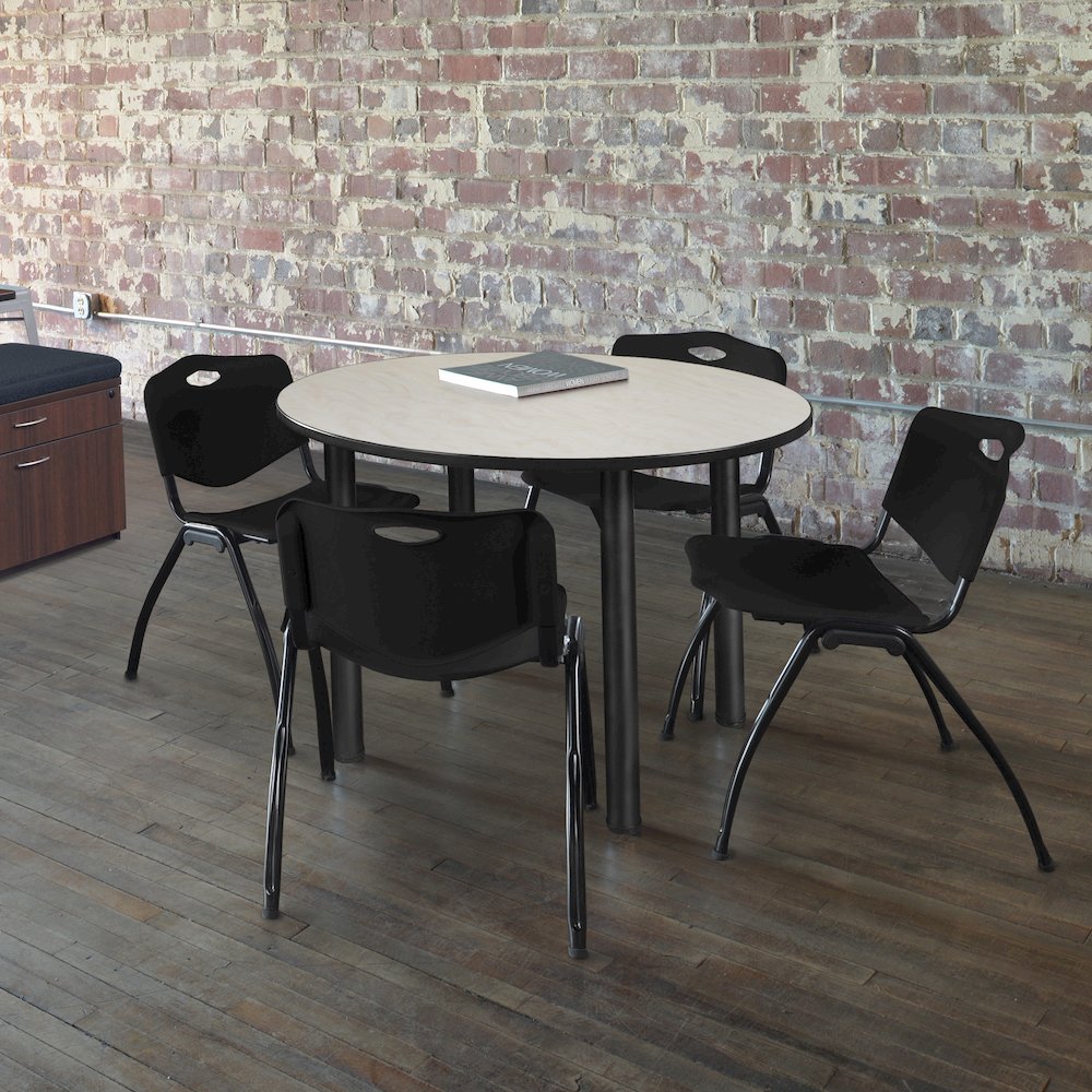 48 in Round Breakroom Table- Maple Top, Black Legs, 4 M Stack Chairs- Black. Picture 6