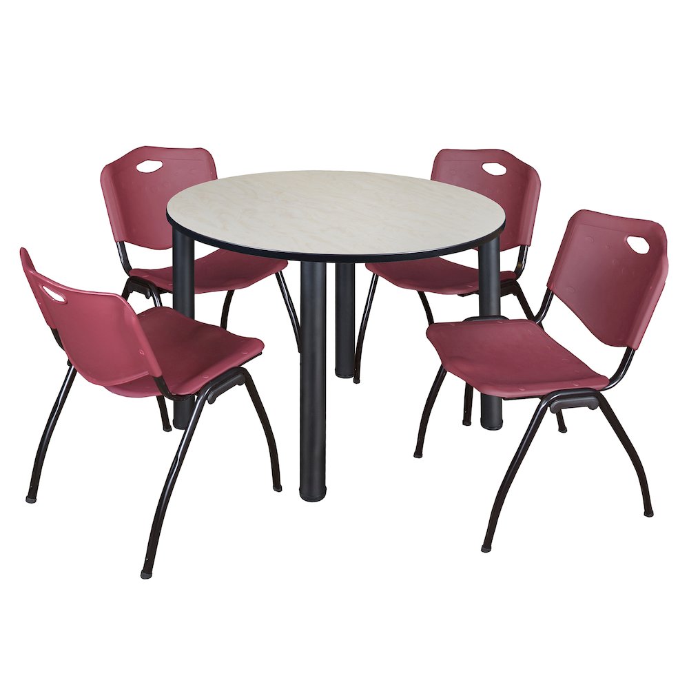 48 in Round Breakroom Table- Maple Top, Black Legs, 4 M Stack Chairs- Burgundy. Picture 1