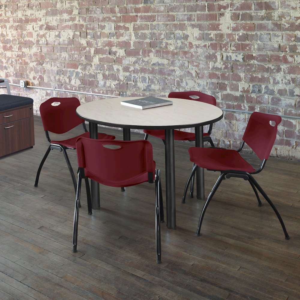 48 in Round Breakroom Table- Maple Top, Black Legs, 4 M Stack Chairs- Burgundy. Picture 6