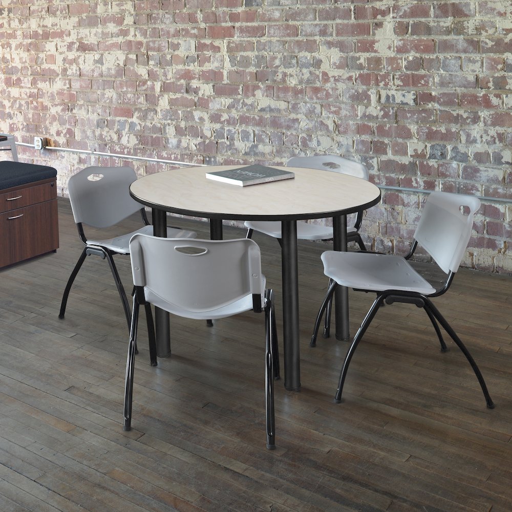 48 in Round Breakroom Table- Maple Top, Black Legs, 4 M Stack Chairs- Grey. Picture 6