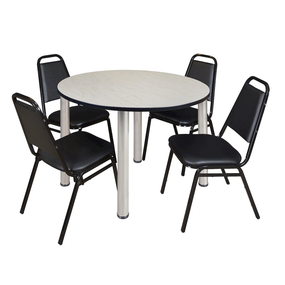 48 in Round Breakroom Table- Maple Top, Chrome Legs, 4 Restaurant Stack Chairs. Picture 1