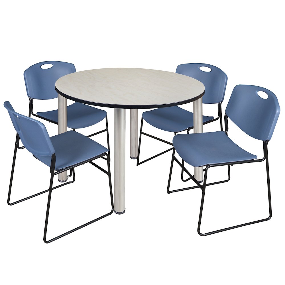 48 in Round Breakroom Table- Maple Top, Chrome Legs, 4 Zeng Stack Chairs- Blue. Picture 1