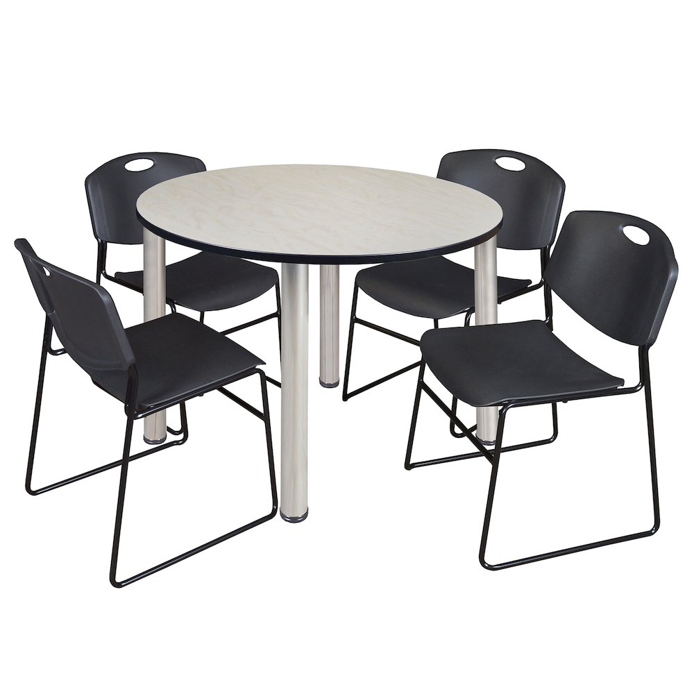 48 in Round Breakroom Table- Maple Top, Chrome Legs, 4 Zeng Stack Chairs- Black. Picture 1