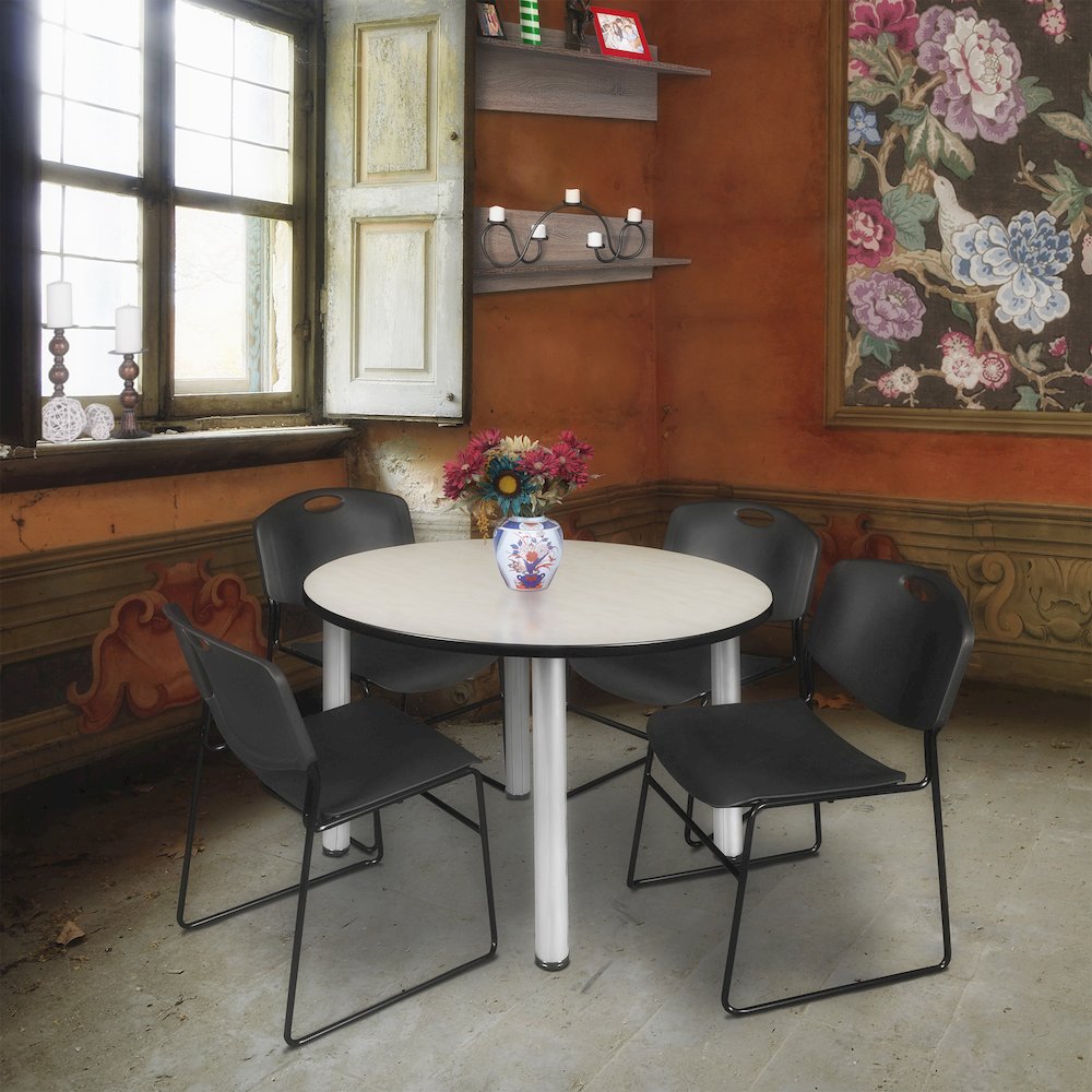48 in Round Breakroom Table- Maple Top, Chrome Legs, 4 Zeng Stack Chairs- Black. Picture 6