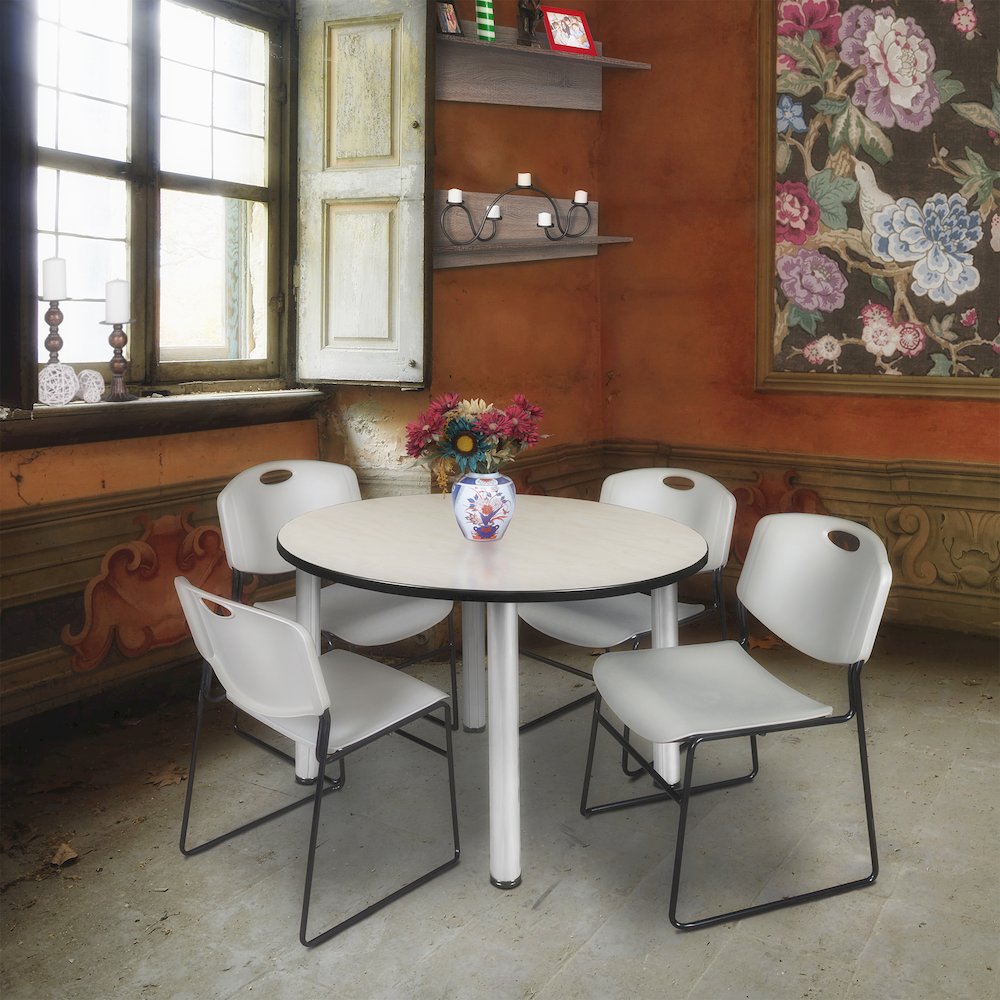 48 in Round Breakroom Table- Maple Top, Chrome Legs, 4 Zeng Stack Chairs- Grey. Picture 6