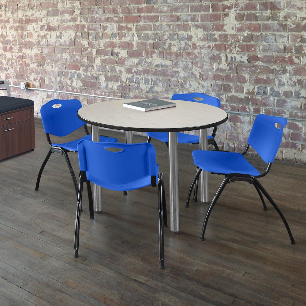 48 in Round Breakroom Table- Maple Top, Chrome Legs, 4 M Stack Chairs- Blue. Picture 6