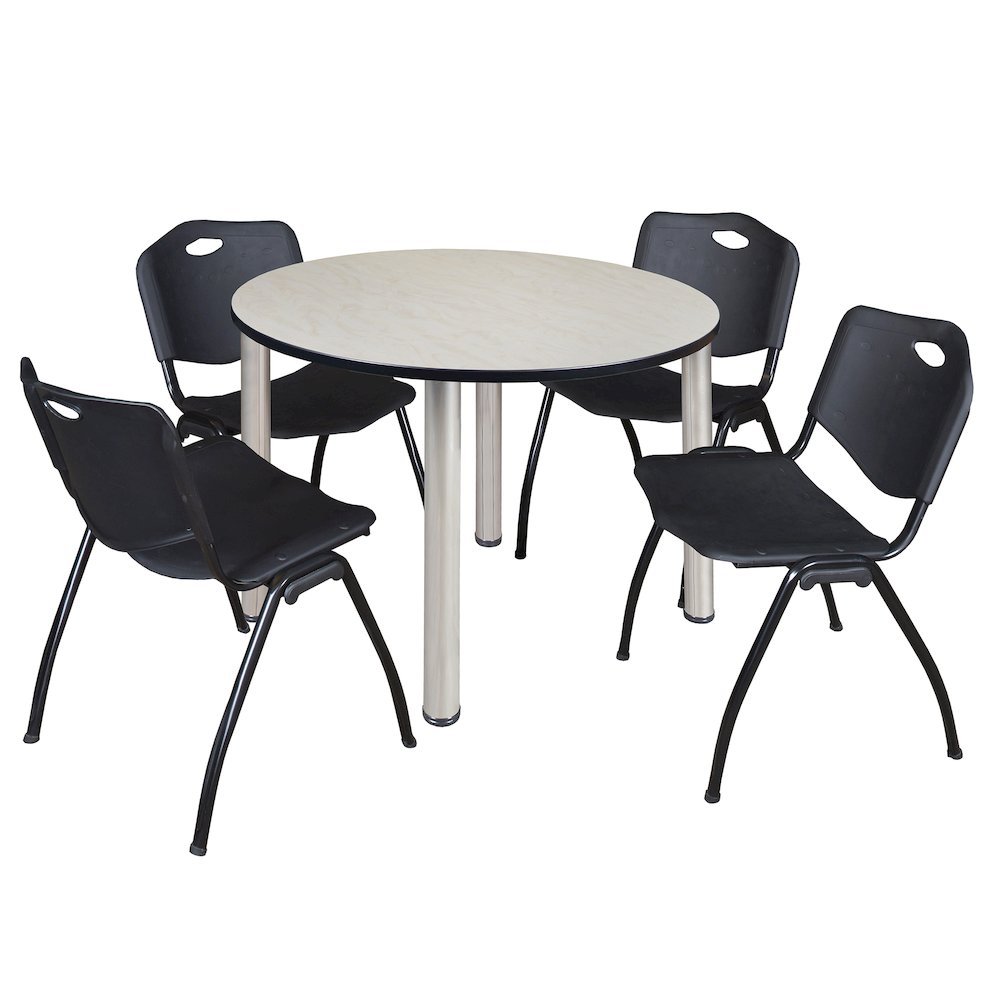 48 in Round Breakroom Table- Maple Top, Chrome Legs, 4 M Stack Chairs- Black. Picture 1