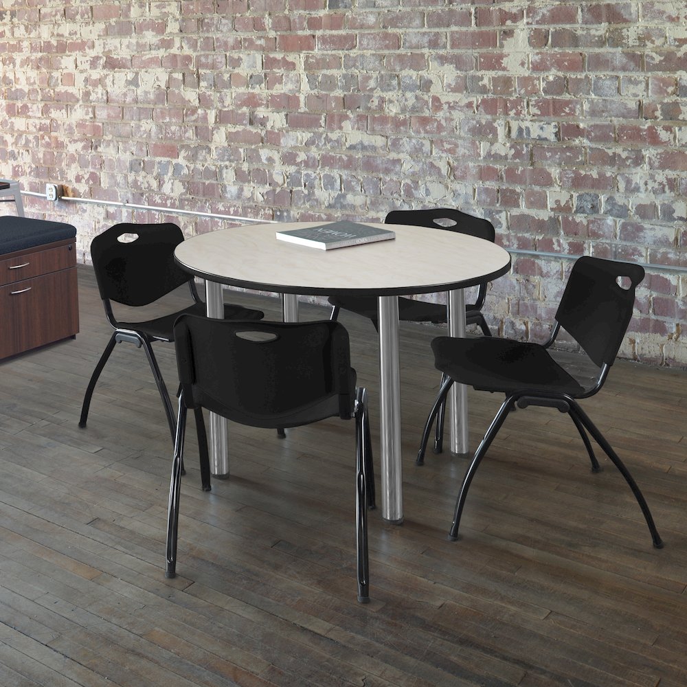 48 in Round Breakroom Table- Maple Top, Chrome Legs, 4 M Stack Chairs- Black. Picture 6