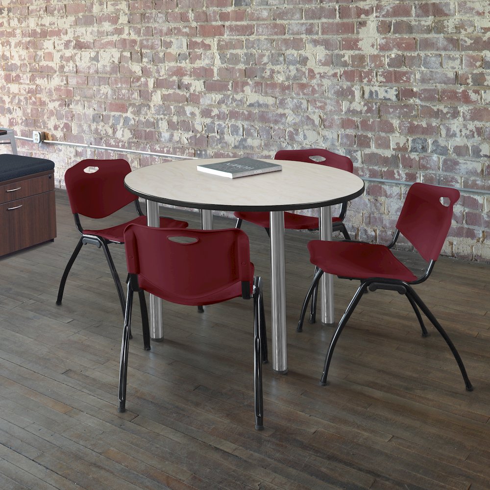 48 in Round Breakroom Table- Maple Top, Chrome Legs, 4 M Stack Chairs- Burgundy. Picture 6