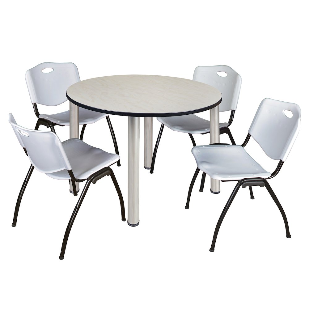 48 in Round Breakroom Table- Maple Top, Chrome Legs, 4 M Stack Chairs- Grey. Picture 1
