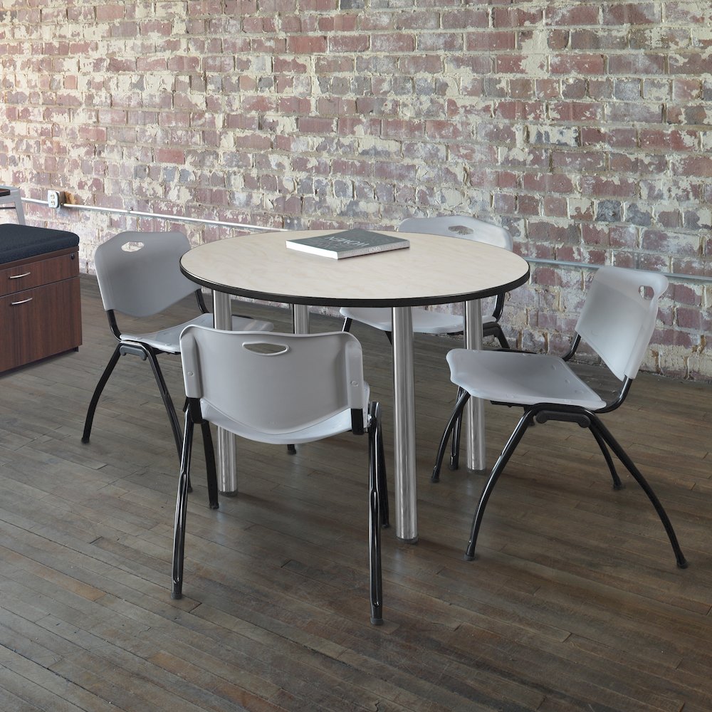 48 in Round Breakroom Table- Maple Top, Chrome Legs, 4 M Stack Chairs- Grey. Picture 6