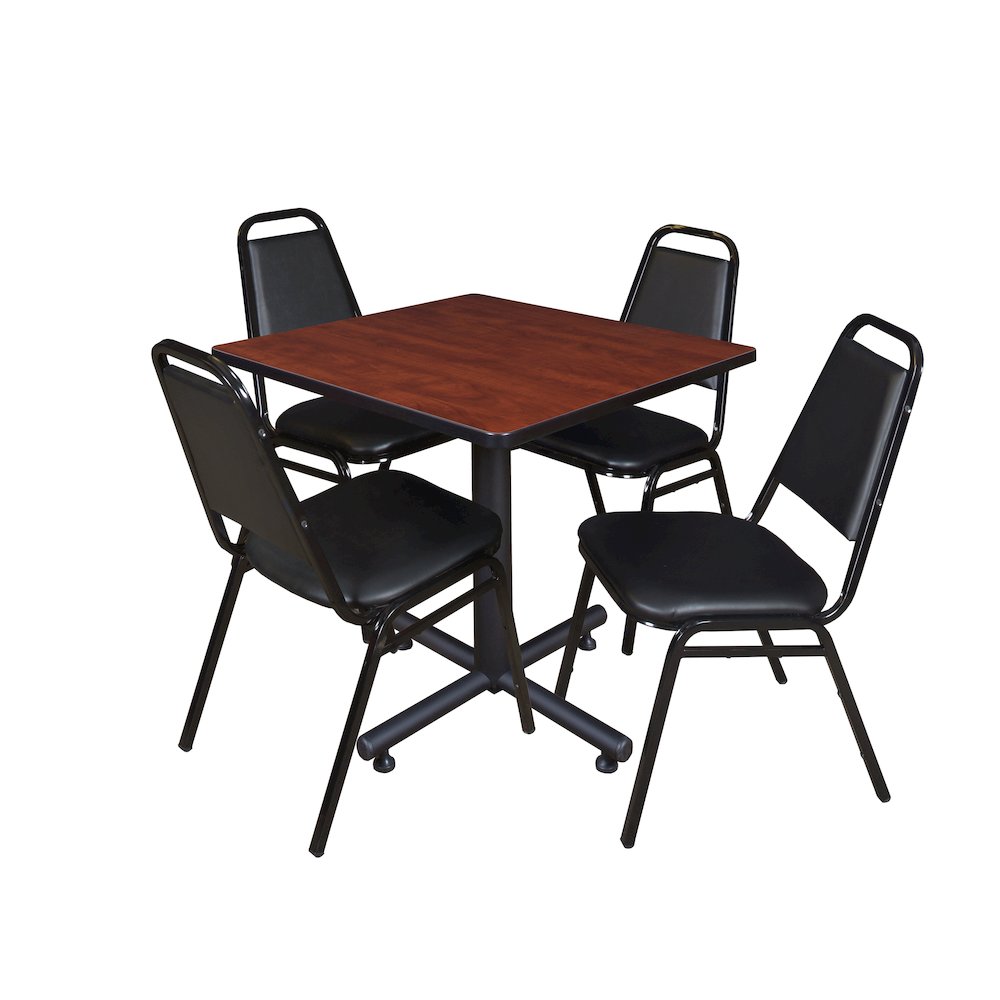 30 in. Square X-Base Breakroom Table- Cherry, 4 Restaurant Stack Chairs- Black. Picture 1