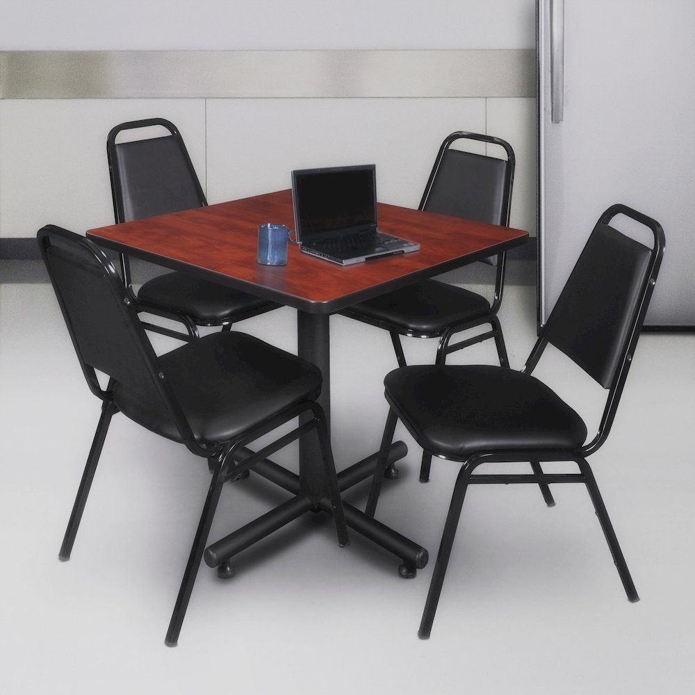 30 in. Square X-Base Breakroom Table- Cherry, 4 Restaurant Stack Chairs- Black. Picture 9