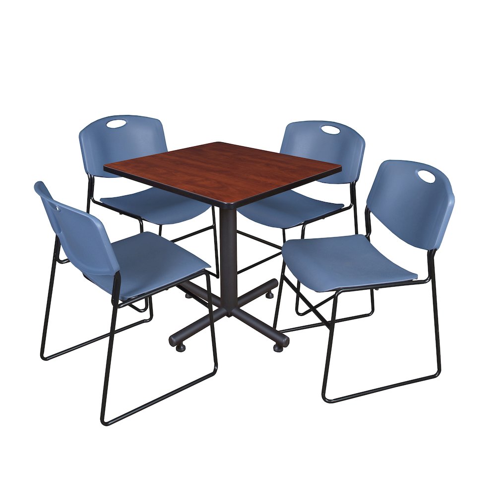 30 in. Square X-Base Breakroom Table- Cherry, 4 Zeng Stack Chairs- Blue. Picture 1