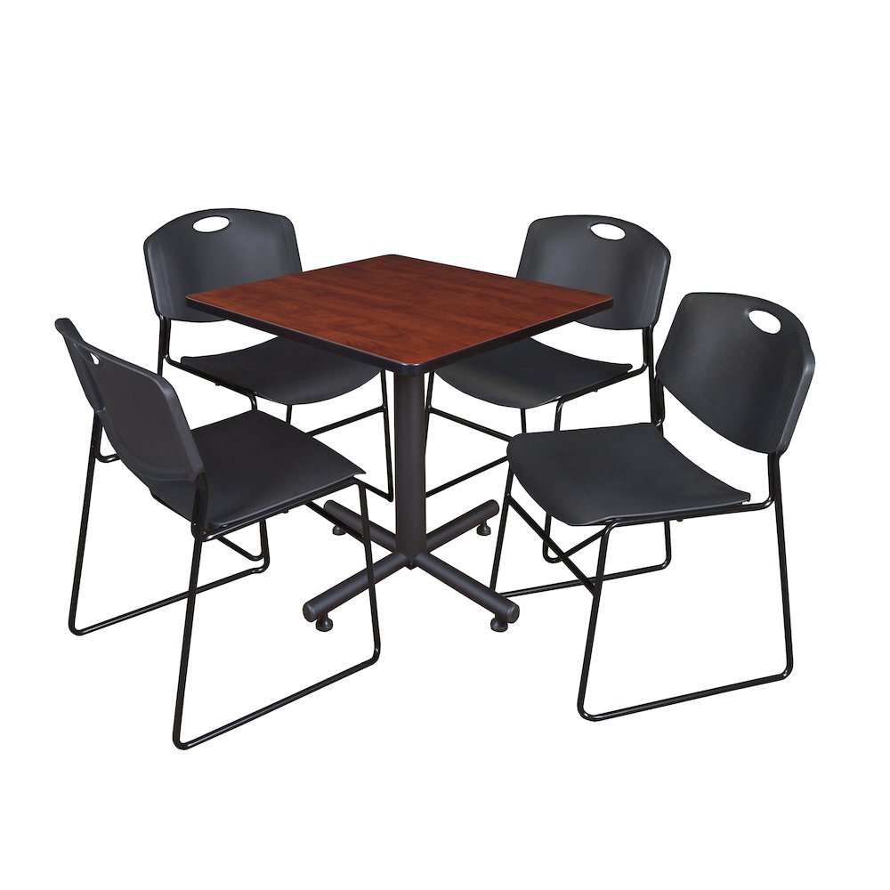 30 in. Square X-Base Breakroom Table- Cherry, 4 Zeng Stack Chairs- Black. Picture 1