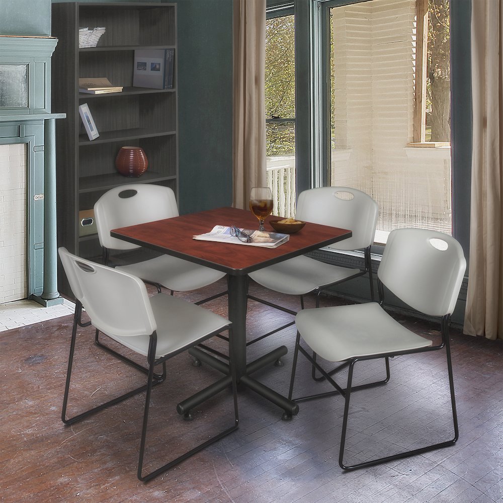 30 in. Square X-Base Breakroom Table- Cherry, 4 Zeng Stack Chairs- Grey. Picture 9