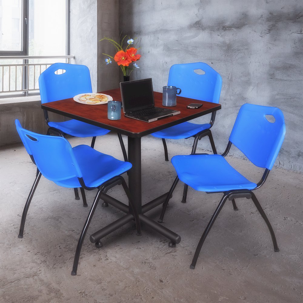 30 in. Square X-Base Breakroom Table- Cherry, 4 M Stack Chairs- Blue. Picture 9