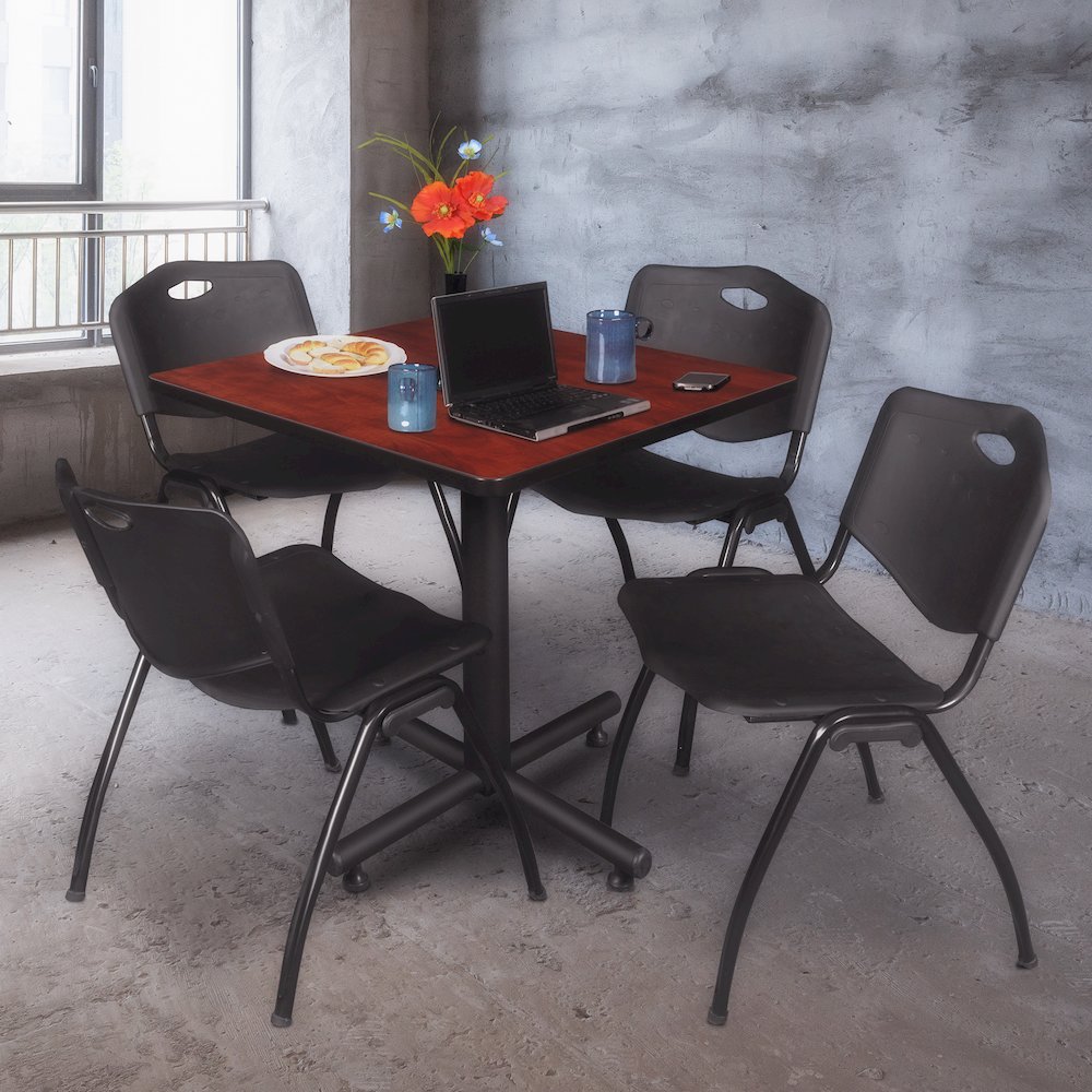 30 in. Square X-Base Breakroom Table- Cherry, 4 M Stack Chairs- Black. Picture 9