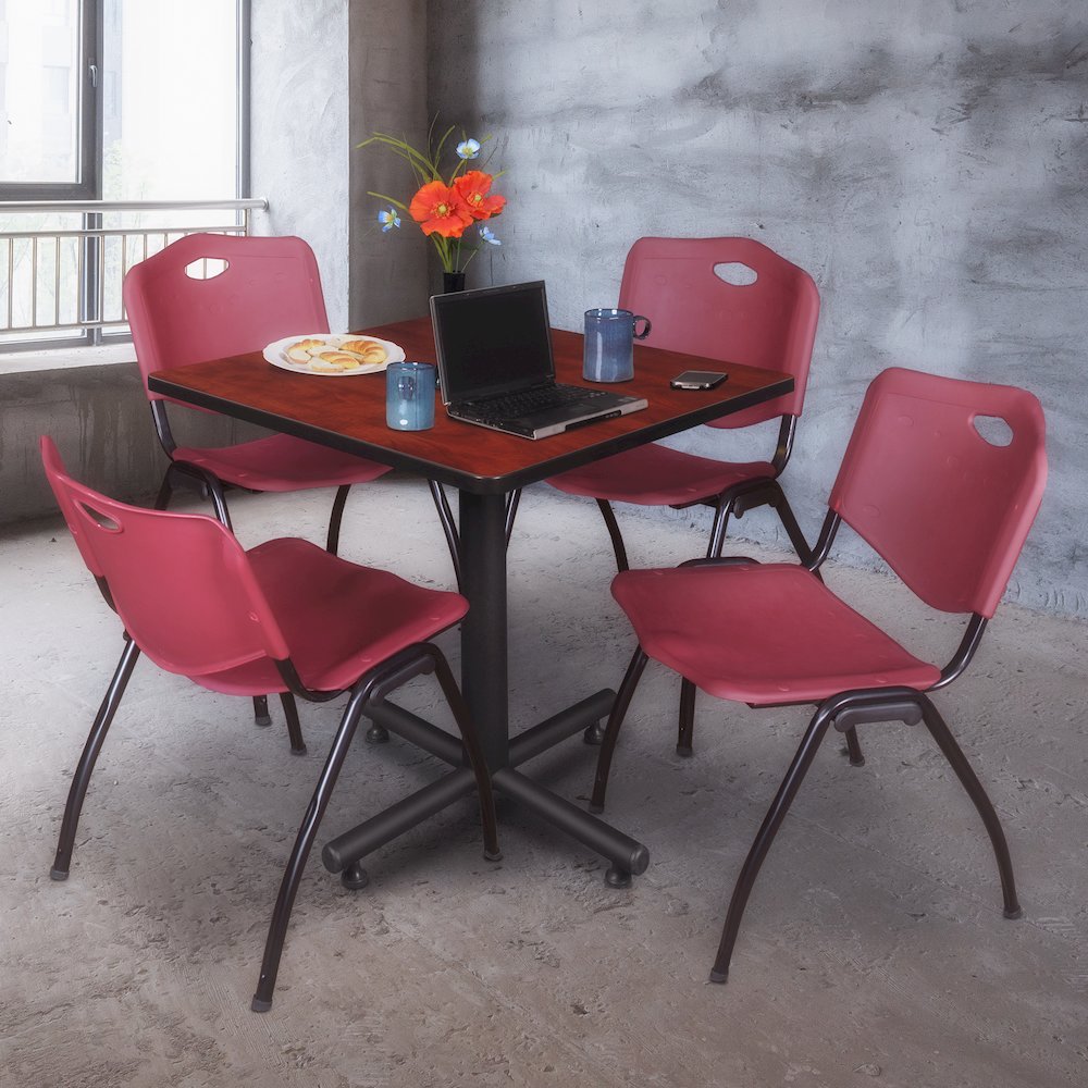 30 in. Square X-Base Breakroom Table- Cherry, 4 M Stack Chairs- Burgundy. Picture 9