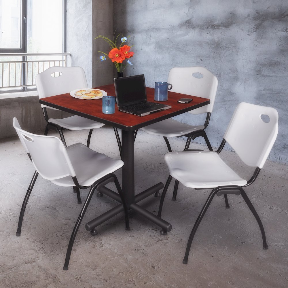 30 in. Square X-Base Breakroom Table- Cherry, 4 M Stack Chairs- Grey. Picture 9