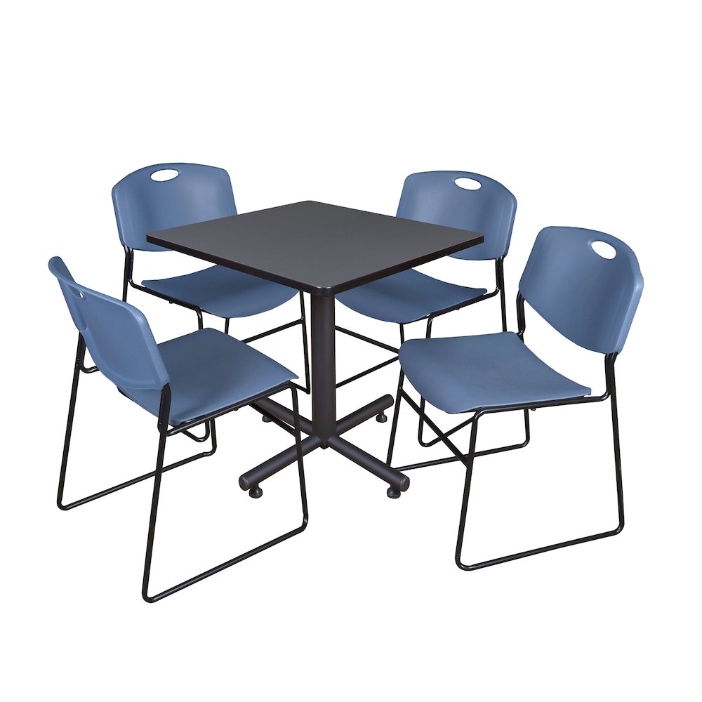 30 in. Square X-Base Breakroom Table- Grey, 4 Zeng Stack Chairs- Blue. Picture 1