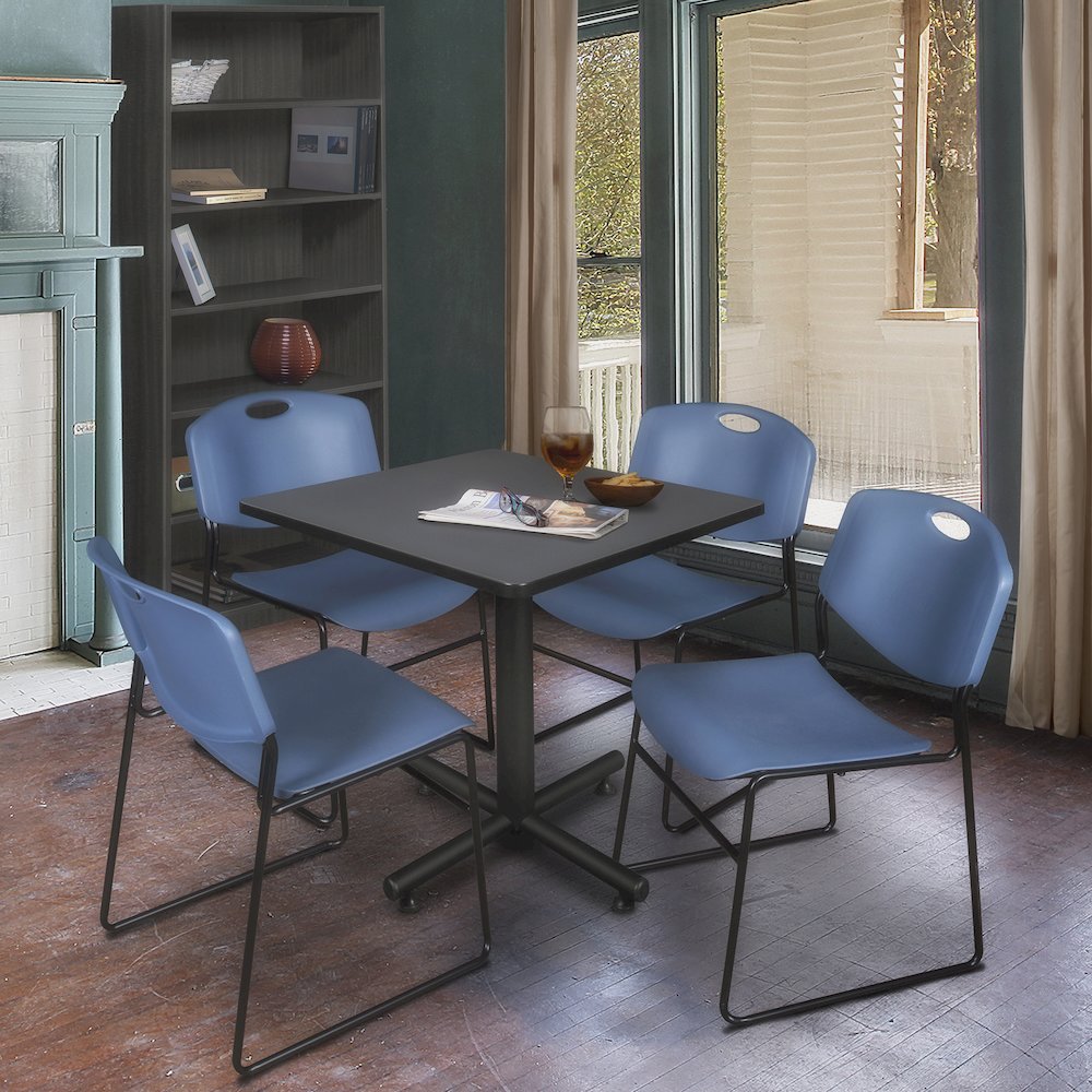 30 in. Square X-Base Breakroom Table- Grey, 4 Zeng Stack Chairs- Blue. Picture 9