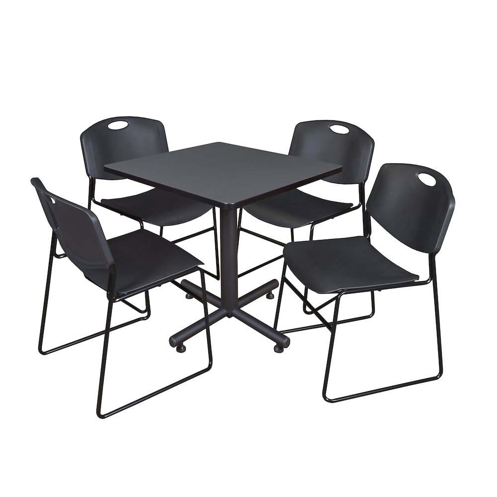 30 in. Square X-Base Breakroom Table- Grey, 4 Zeng Stack Chairs- Black. Picture 1
