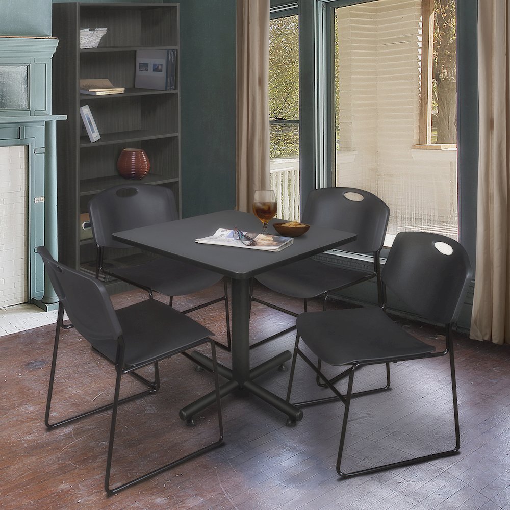 30 in. Square X-Base Breakroom Table- Grey, 4 Zeng Stack Chairs- Black. Picture 9