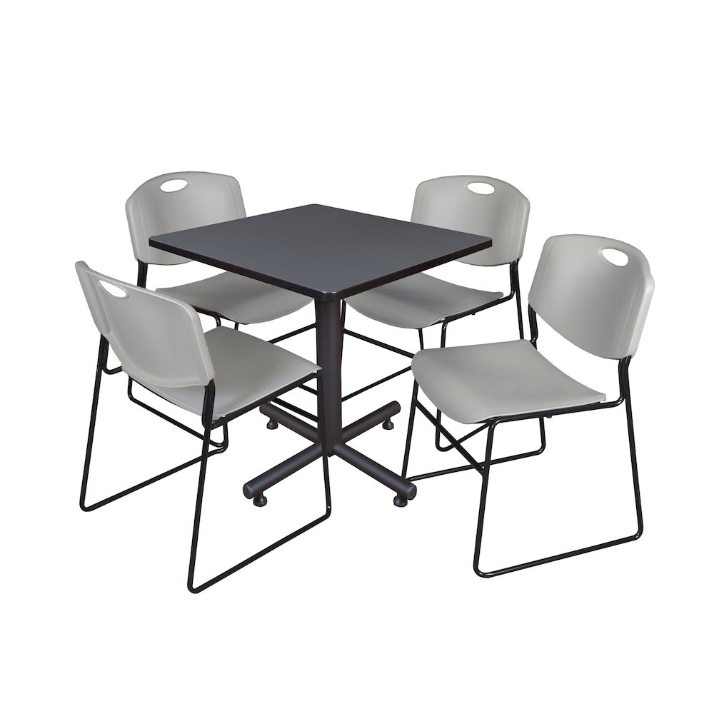 30 in. Square X-Base Breakroom Table- Grey, 4 Zeng Stack Chairs- Grey. Picture 1