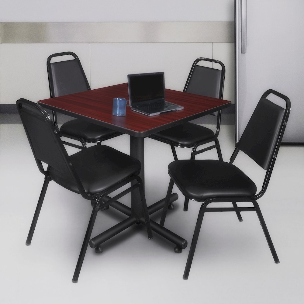30 in. Square X-Base Breakroom Table- Mahogany, 4 Restaurant Stack Chairs- Black. Picture 9