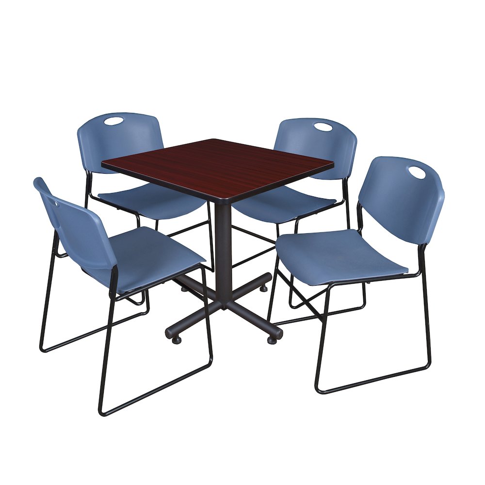 30 in. Square X-Base Breakroom Table- Mahogany, 4 Zeng Stack Chairs- Blue. Picture 1