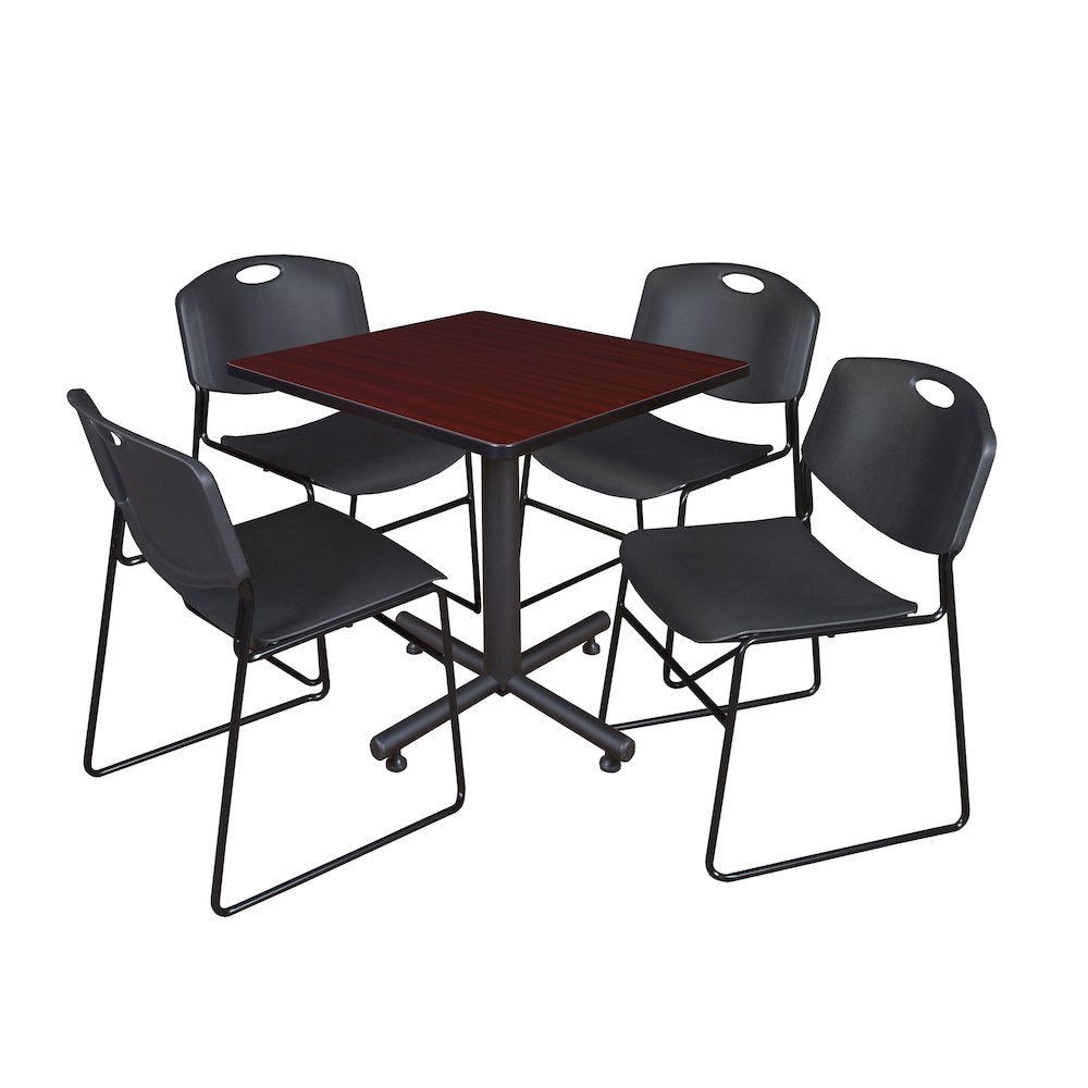 30 in. Square X-Base Breakroom Table- Mahogany, 4 Zeng Stack Chairs- Black. Picture 1