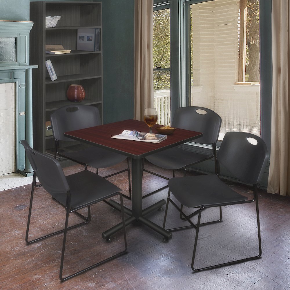 30 in. Square X-Base Breakroom Table- Mahogany, 4 Zeng Stack Chairs- Black. Picture 9