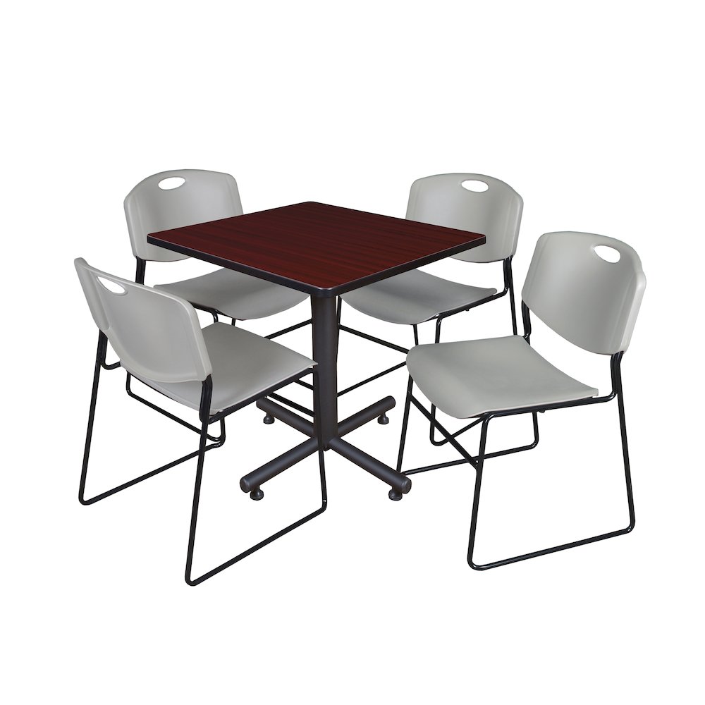 30 in. Square X-Base Breakroom Table- Mahogany, 4 Zeng Stack Chairs- Grey. Picture 1