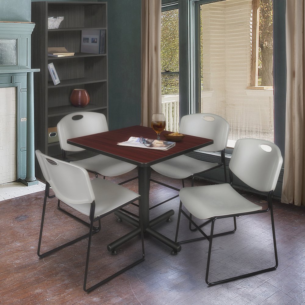 30 in. Square X-Base Breakroom Table- Mahogany, 4 Zeng Stack Chairs- Grey. Picture 9