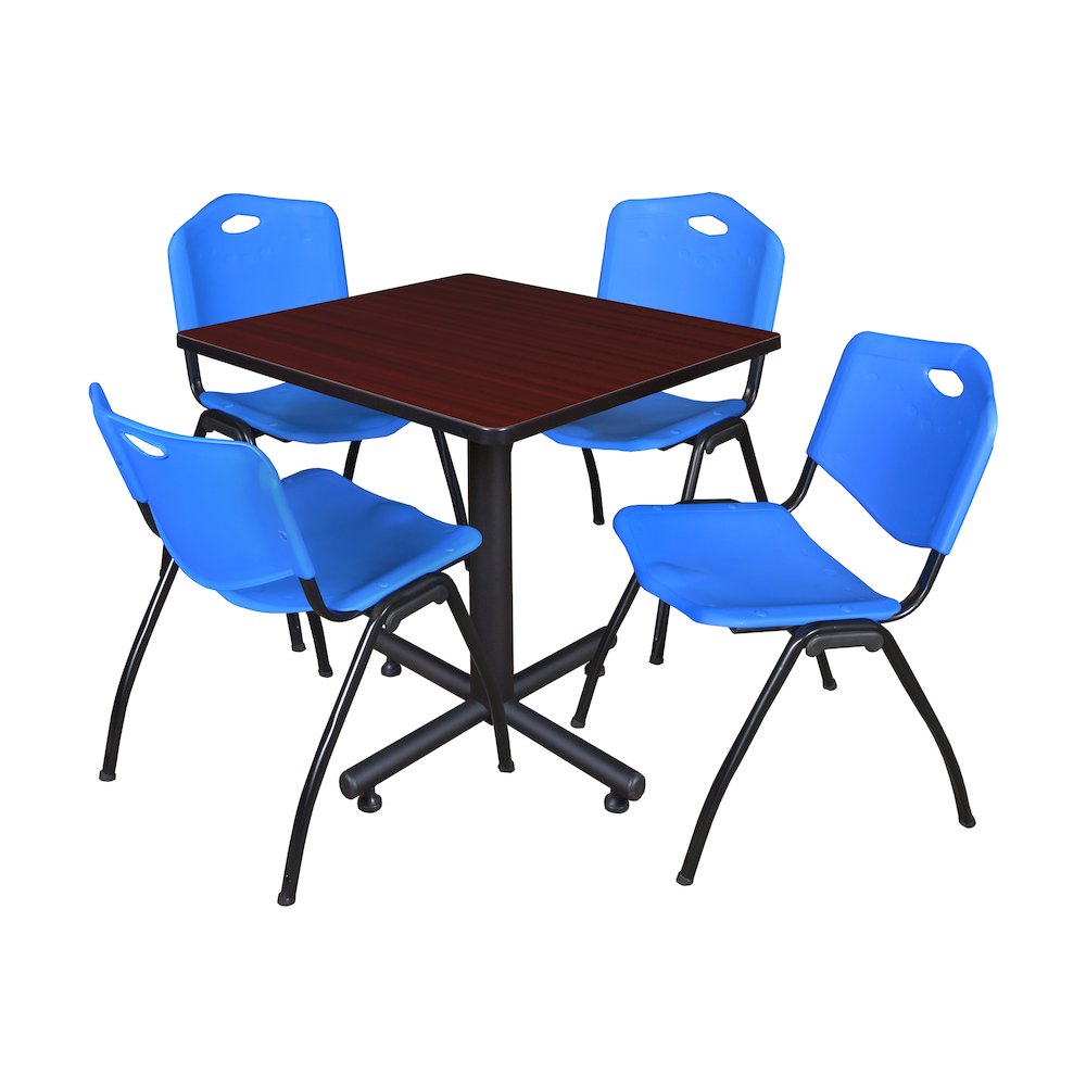 30 in. Square X-Base Breakroom Table- Mahogany, 4 M Stack Chairs- Blue. Picture 1