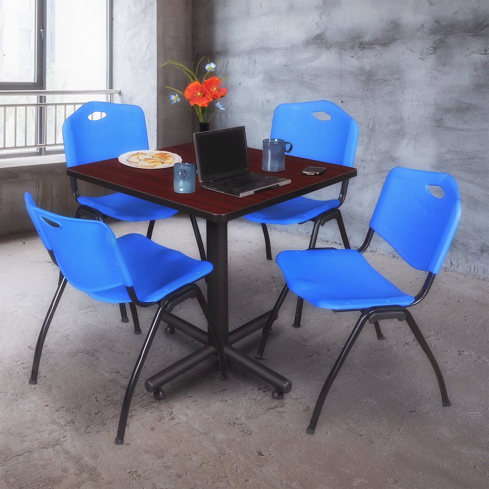30 in. Square X-Base Breakroom Table- Mahogany, 4 M Stack Chairs- Blue. Picture 9