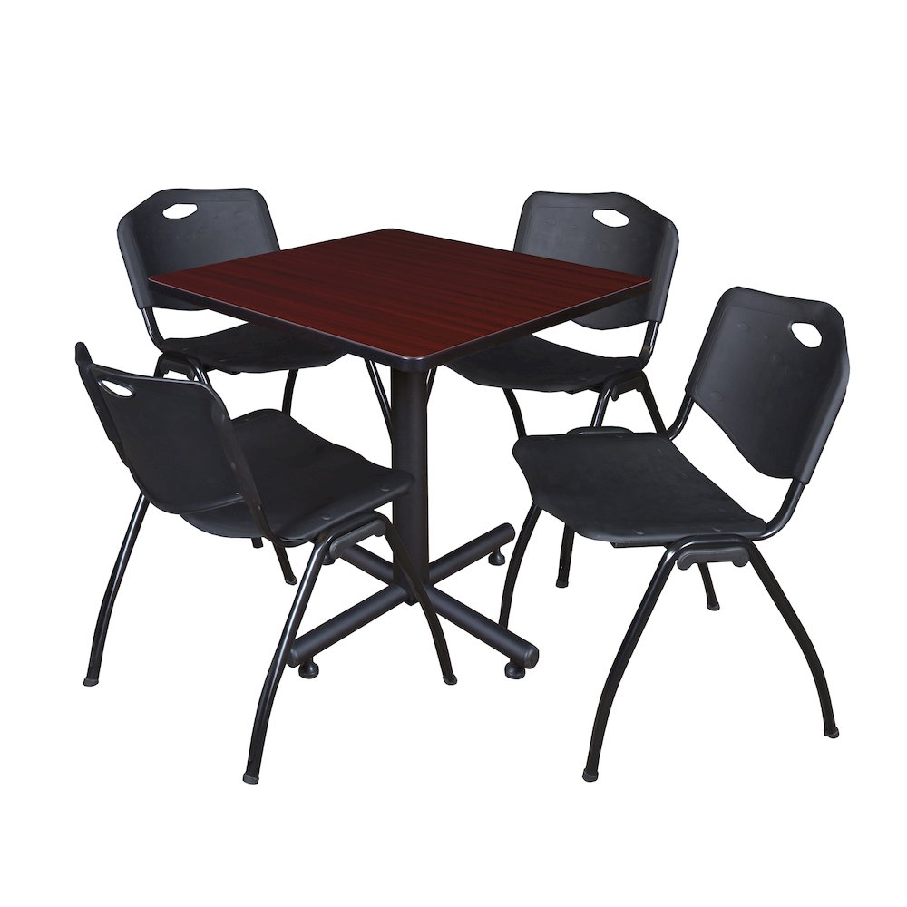 30 in. Square X-Base Breakroom Table- Mahogany, 4 M Stack Chairs- Black. Picture 1